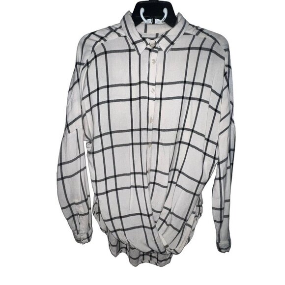 BDG WOMEN WHITE BLACK WINDOW PANE BUTTON FRONT TWIST FRONT FLANNEL BLOUSE SIZE S - Picture 1 of 9
